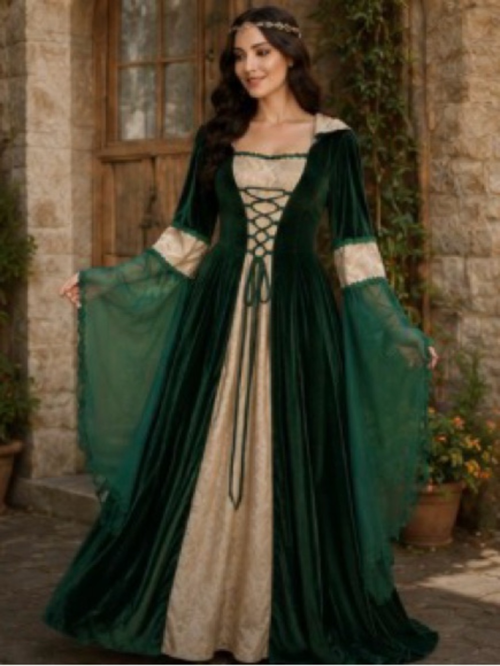 Renaissance Medieval Hooded Gown. Emerald Green Velvet Lace-Up Dress XL NWOT